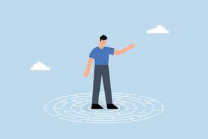 confused businessman in middle of maze looking for way out vector