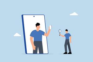 KYC, businessman using magnifying glass to analyze and identify user in smartphone application. vector