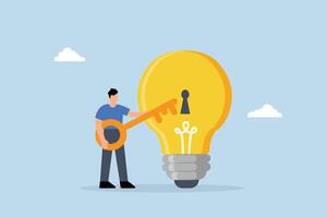 businessman with golden key will insert key into bulb idea lamp. vector