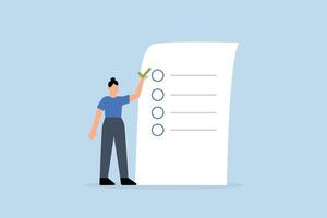 woman gives list of checkbox achievements on notebook paper. vector
