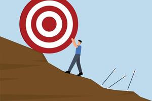 Missed target, entrepreneur is attempting to move dartboard up slope. vector