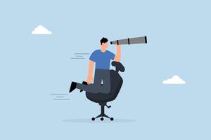 businessman with telescope rides on a desk to see the future and the way forward. vector