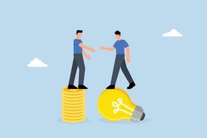 Idea pitching, entrepreneur holding light bulb concept, exchanging handshakes with investor on pile of coins. vector