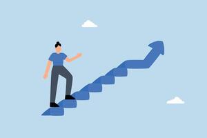 businesswoman taking small step while walking up stairs with arrow pointing up. vector