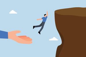 businessman jumped from giant's hand to reach the cliff. vector
