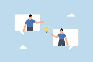 colleague stands on chat bubble and talks about new ideas. vector