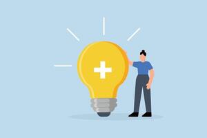 Positive thinking, businesswoman positioned with glowing light bulb concept featuring optimistic symbol. vector