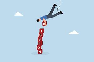 businessman hanging from above manages to complete task blocks. vector