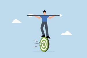 businessman balances and directs rotating archery target with arrow hit bullseye vector