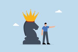 businessman pointing finger to direct with chess knight with royal crown. vector