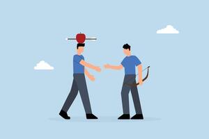 Trusted partner, businessmen agreeing after risky archery apple shot display through handshake. vector