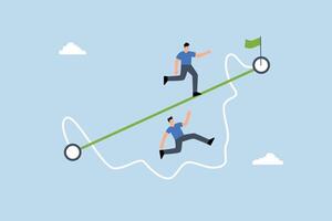 Businessmen vie with sage who navigates straightforward path while others struggle along challenging, unclear route. vector