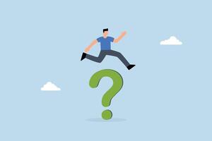 Solution to solve business problem, entrepreneur leaps over large question mark symbol. vector