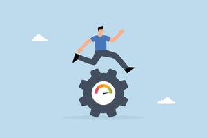 Work performance evaluation, determined entrepreneur sprinting intensely to rotate calculated gear. vector