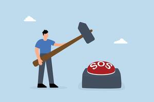 busy businessman hits SOS button with big hammer. vector