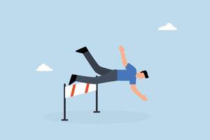 frustrated businessman does not jump over hurdle and fall to the ground. vector