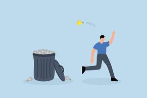 frustrated businessman throws the light bulb idea in the trash. vector