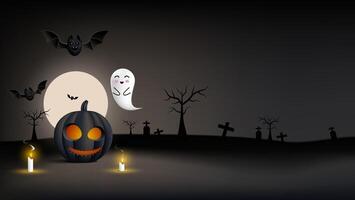 Halloween background featuring bats, ghost, pumpkins, and candles vector