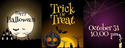Halloween party invitation set with bats, pumpkins, and a spiderweb. Perfect for spooky Halloween party invitations or fallthemed events. vector