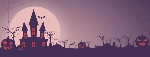 Halloween background showing a haunted castle pumpkins and bats. vector
