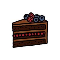 Delicious Slice of Chocolate Cake with Berries, Hand Drawn Illustration on White vector