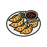Cartoon style plate of golden dumplings with soy sauce and green garnish vector
