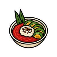 Stylized bowl with red sauce, avocado slices, cream, and leaves illustration vector