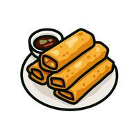 Crispy spring rolls stacked on a plate with dipping sauce, cartoon style vector