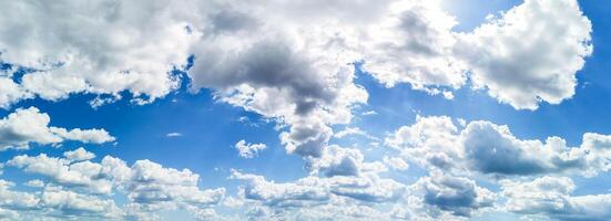 Wiude panoramic view of blue sky with fluffy white clouds creating a serene and tranquil atmosphere photo