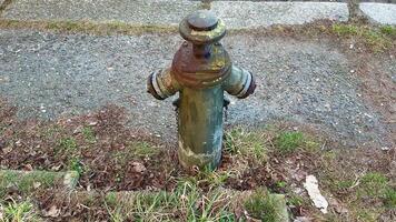 An aged and weathered fire hydrant with peeling paint and visible rust, surrounded by lush grass and gravel pathway photo