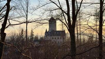 A breathtaking and serene view of a magnificent castle tucked away among lush trees at a misty winter sunset photo