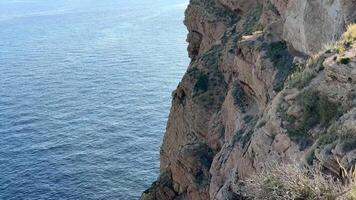 The stunning view showcases rocky cliffs dramatically meeting the calm sea beneath a majestic clear blue sky photo