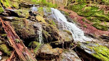 A peaceful and tranquil waterfall gracefully cascading over mosscovered rocks in an idyllic green forest setting photo
