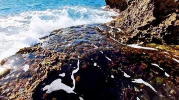 This beautiful coastal scene showcases vibrant, colorful rock pools and the gentle ocean waves creating frothy foam photo