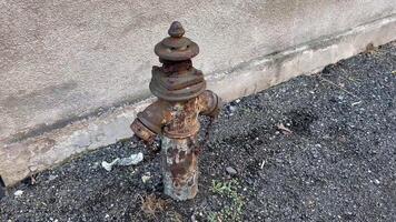 An old, weathered fire hydrant covered in rust and decay stands in stark contrast to the concrete wall behind it photo