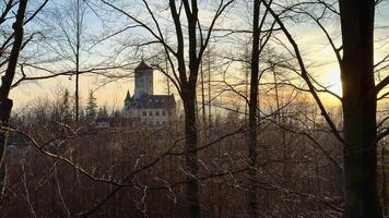 A truly stunning and breathtaking view of a magnificent castle nestled among lush trees during a captivating sunset photo