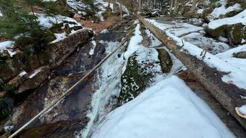 A tranquil winter scene featuring a snowy landscape, flowing stream, and rocky terrain in a serene forest. photo