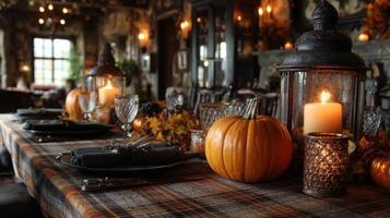 Rustic Autumn Table Setting with Pumpkins and Candles photo