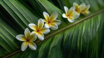 Five White and Yellow Plumeria Flowers on a Green Leaf photo