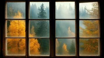Rainy Autumn Day View Through Old Window photo