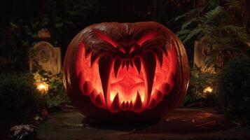Glowing Carved Pumpkin with Fangs at Night photo