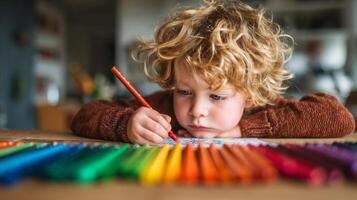 Toddler with Curly Blond Hair Drawing with Crayons photo