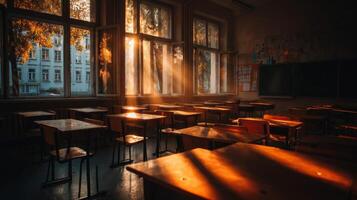 Empty Classroom Sunlit Desks and Chairs photo