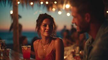 Romantic Couple Enjoying Drinks at a Beach Bar at Sunset photo