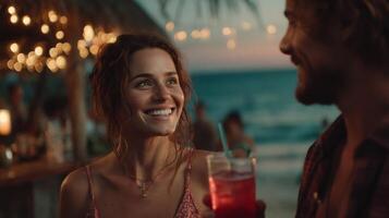 Smiling Couple Enjoying Drinks at a Beach Bar at Sunset photo