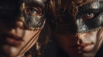 Close-up Portrait of a Couple Wearing Ornate Masquerade Masks photo