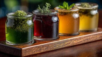 Four Colorful Drinks in Small Jars on Wooden Tray photo