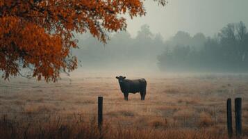 Black Cow in a Foggy Autumn Field photo