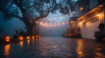 Enchanted Halloween Night Jack-o'-lanterns Illuminate Foggy Driveway photo