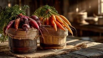 Freshly Harvested Carrots and Beets in Rustic Wooden Buckets photo